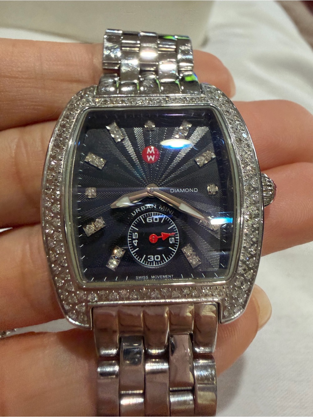 Michele Diamond-Set Stainless Steel Tonneau Watch — Black Dial - Picture 11 of 13